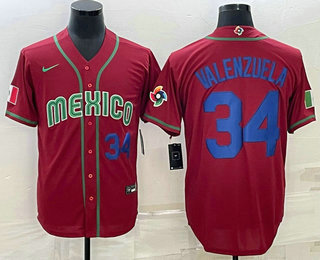 Men's Mexico Baseball #34 Fernando Valenzuela Number 2023 Red Blue World Baseball Classic Stitched Jerse
