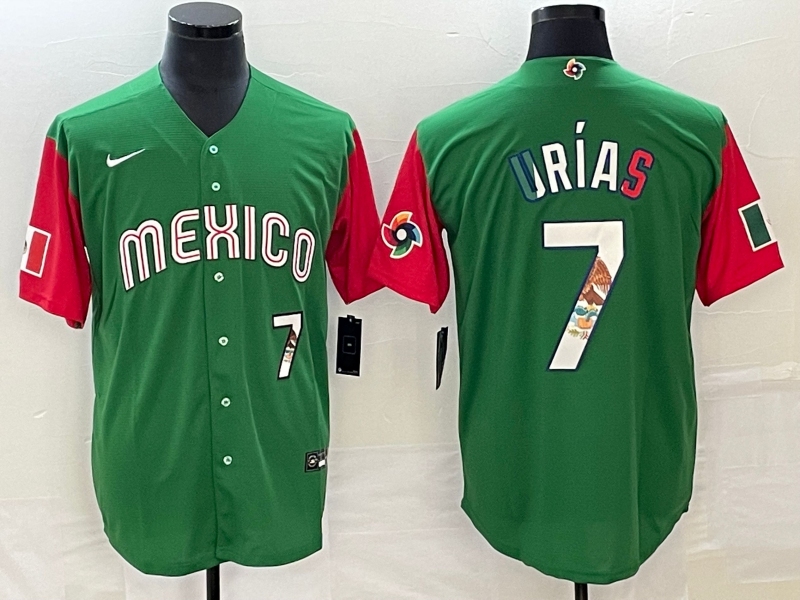 Men's Mexico Baseball #7 Julio Uri?as 2023 Green World Baseball Classic With Patch Stitched Jersey