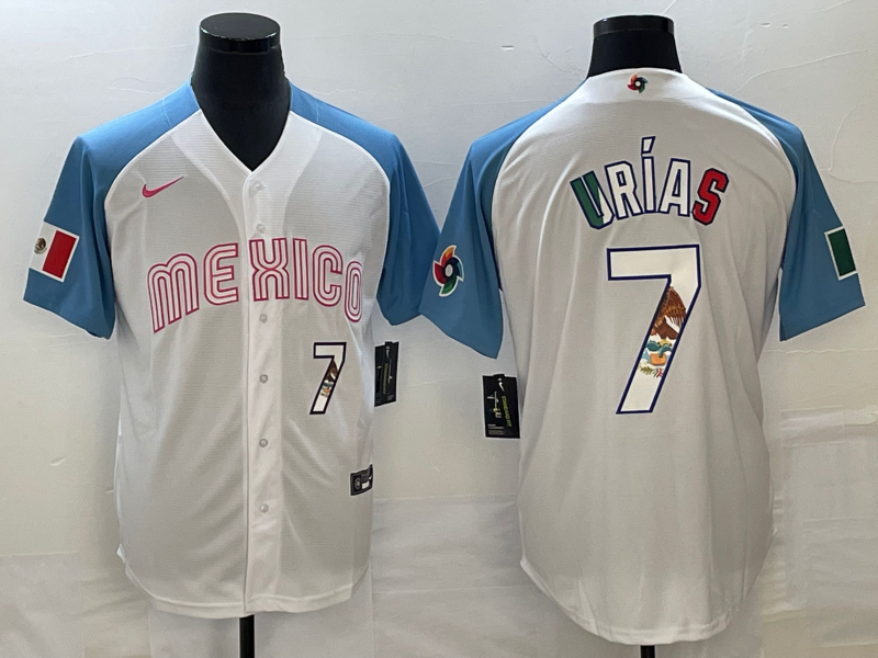 Men's Mexico Baseball #7 Julio Uri?as 2023 White Blue World Baseball Classic With Patch Stitched Jersey