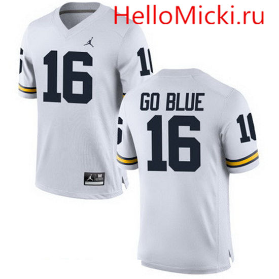 Men's Michigan Wolverines #16 GO BLUE White Stitched College Football Brand Jordan NCAA Jersey