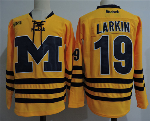 Men's Michigan Wolverines #19 DYLAN LARKIN Reebok Maize Gold College Hockey Jersey