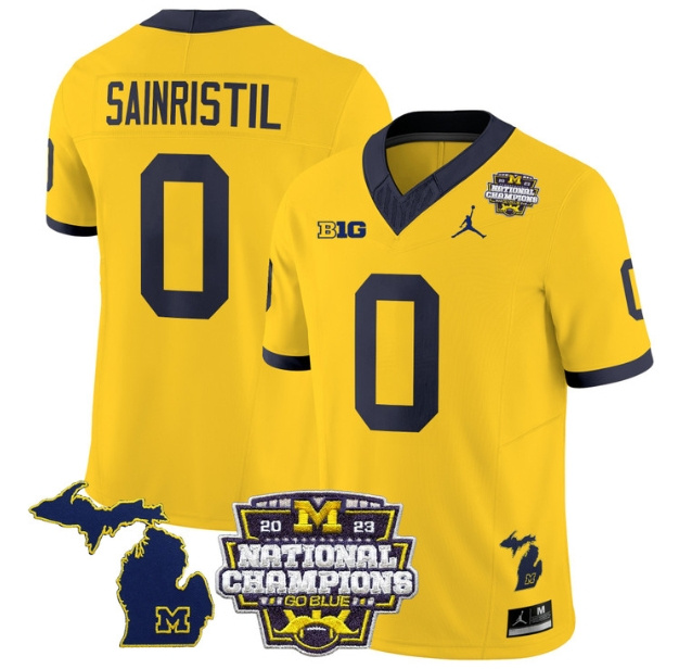 Men's Michigan Wolverines 2023 National Champions Patch Vapor Football Jersey V6 - All Stitched  MAIZE #0 MIKE SAINRISTIL