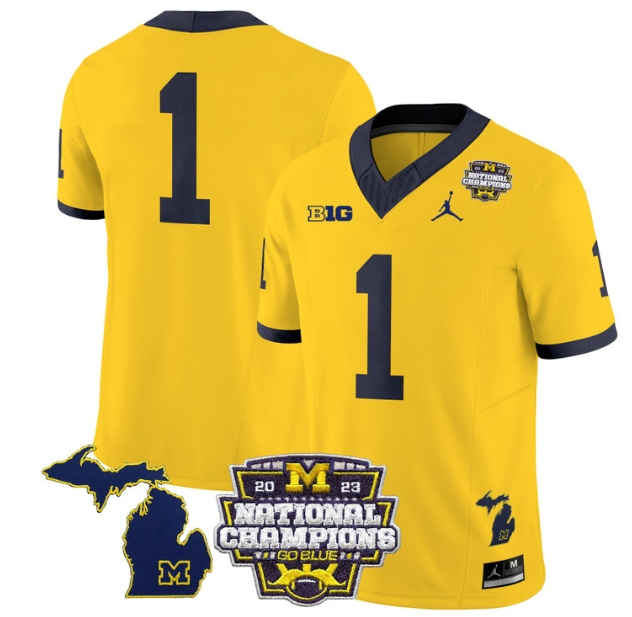 Men's Michigan Wolverines 2023 National Champions Patch Vapor Football Jersey V6 - All Stitched  MAIZE #1  no name