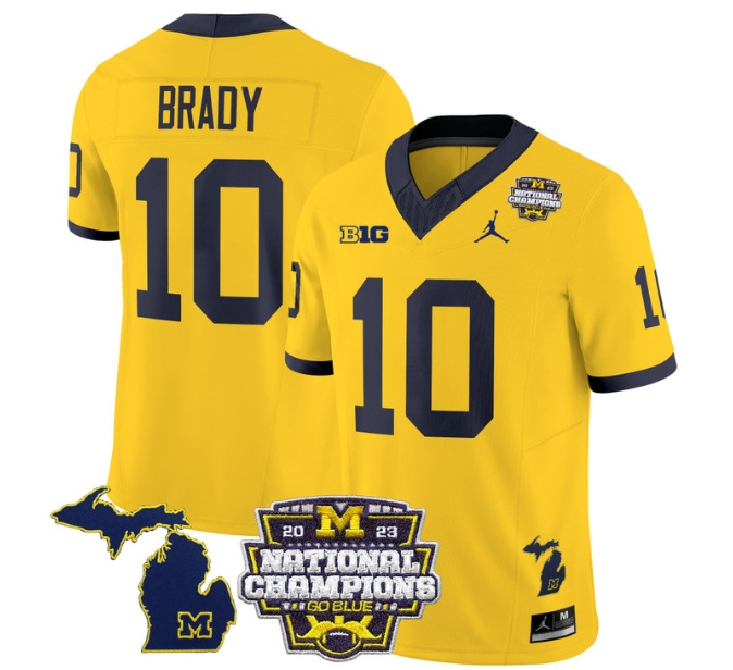 Men's Michigan Wolverines 2023 National Champions Patch Vapor Football Jersey V6 - All Stitched  MAIZE #10 TOM BRADY