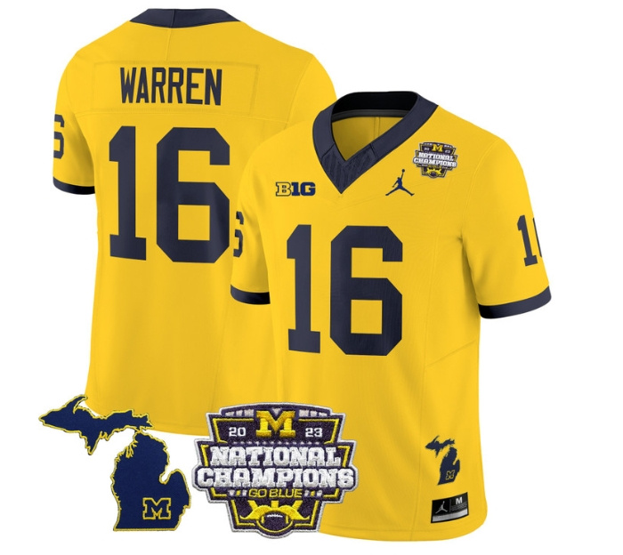 Men's Michigan Wolverines 2023 National Champions Patch Vapor Football Jersey V6 - All Stitched  MAIZE #16 DAVIS WARREN