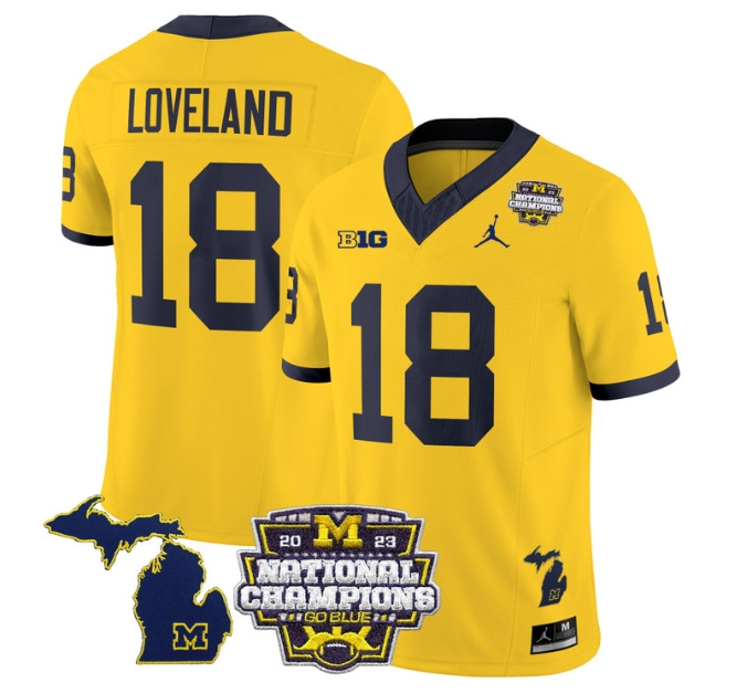 Men's Michigan Wolverines 2023 National Champions Patch Vapor Football Jersey V6 - All Stitched  MAIZE #18 COLSTON LOVELAND