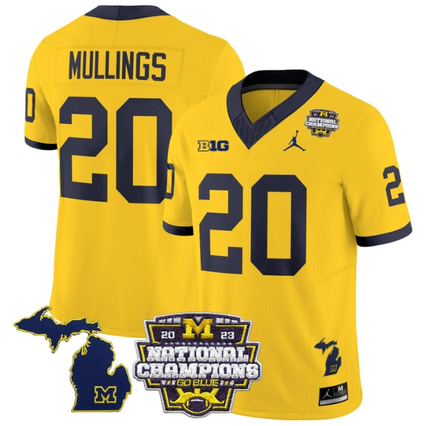 Men's Michigan Wolverines 2023 National Champions Patch Vapor Football Jersey V6 - All Stitched  MAIZE #20 KALEL MULLINGS
