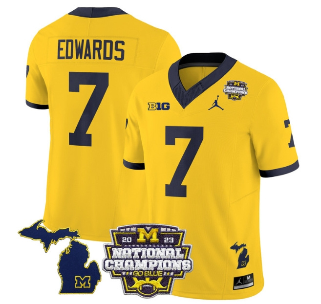 Men's Michigan Wolverines 2023 National Champions Patch Vapor Football Jersey V6 - All Stitched  MAIZE #7 DONOVAN EDWARDS
