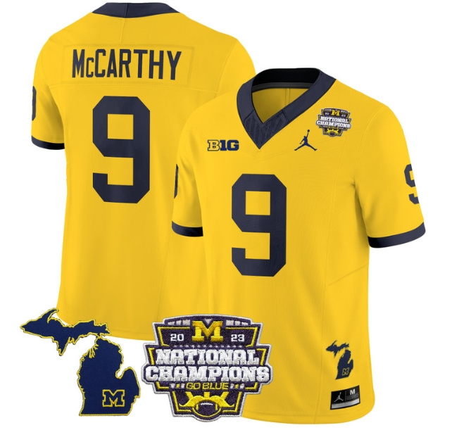 Men's Michigan Wolverines 2023 National Champions Patch Vapor Football Jersey V6 - All Stitched  MAIZE #9 J.J.MCCARTHY
