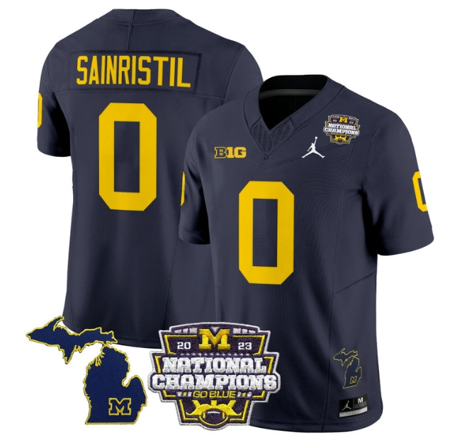 Men's Michigan Wolverines 2023 National Champions Patch Vapor Football Jersey V6 - All Stitched  NAVY #0 MIKE SAINRISTIL