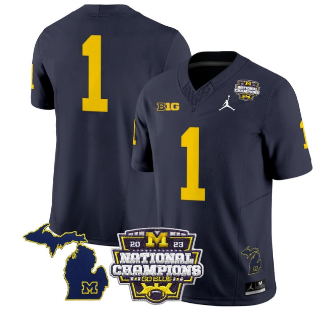 Men's Michigan Wolverines 2023 National Champions Patch Vapor Football Jersey V6 - All Stitched  NAVY #1  no name