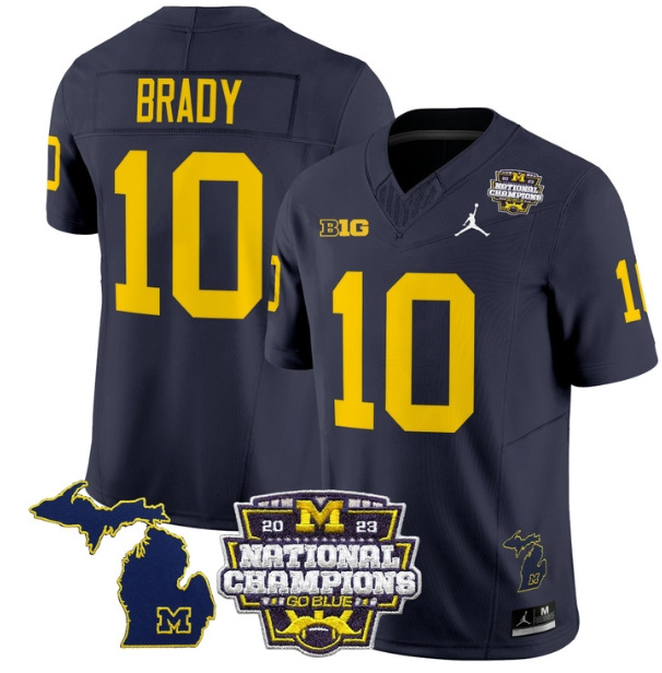 Men's Michigan Wolverines 2023 National Champions Patch Vapor Football Jersey V6 - All Stitched  NAVY #10 TOM BRADY