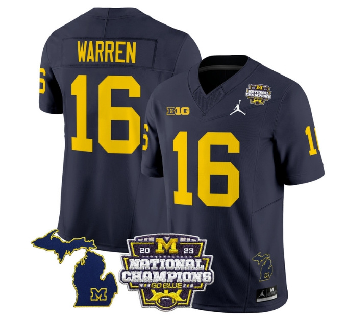 Men's Michigan Wolverines 2023 National Champions Patch Vapor Football Jersey V6 - All Stitched  NAVY #16 DAVIS WARREN