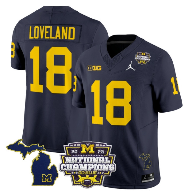 Men's Michigan Wolverines 2023 National Champions Patch Vapor Football Jersey V6 - All Stitched  NAVY #18 COLSTON LOVELAND
