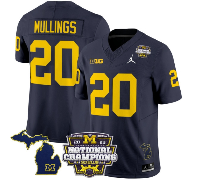 Men's Michigan Wolverines 2023 National Champions Patch Vapor Football Jersey V6 - All Stitched  NAVY #20 KALEL MULLINGS