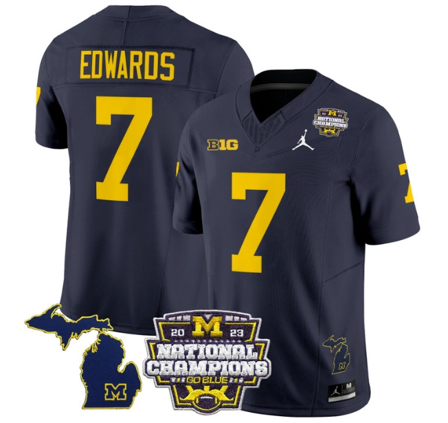 Men's Michigan Wolverines 2023 National Champions Patch Vapor Football Jersey V6 - All Stitched  NAVY #7 DONOVAN EDWARDS