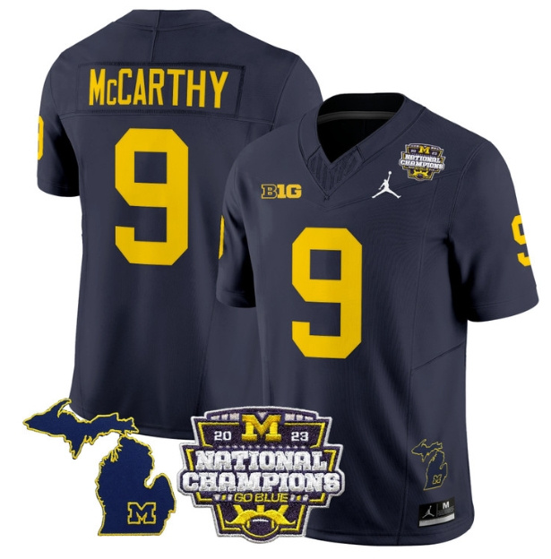Men's Michigan Wolverines 2023 National Champions Patch Vapor Football Jersey V6 - All Stitched  NAVY #9 J.J.MCCARTHY
