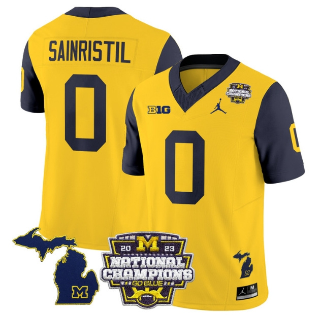 Men's Michigan Wolverines 2023 National Champions Patch Vapor Football Jersey V6 - All Stitched  NAVY SLEEVES #0 MIKE SAINRISTIL