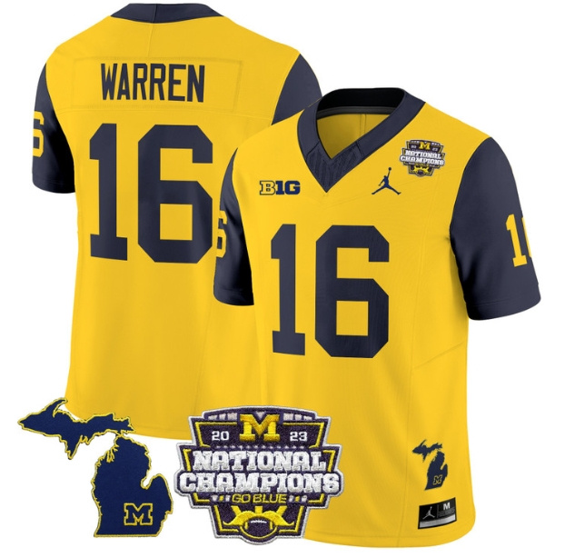 Men's Michigan Wolverines 2023 National Champions Patch Vapor Football Jersey V6 - All Stitched  NAVY SLEEVES #16 DAVIS WARREN