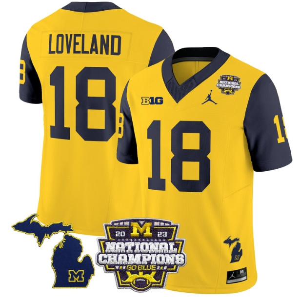 Men's Michigan Wolverines 2023 National Champions Patch Vapor Football Jersey V6 - All Stitched  NAVY SLEEVES #18 COLSTON LOVELAND
