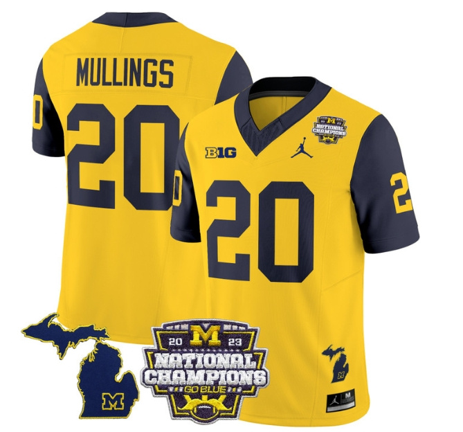 Men's Michigan Wolverines 2023 National Champions Patch Vapor Football Jersey V6 - All Stitched  NAVY SLEEVES #20 KALEL MULLINGS
