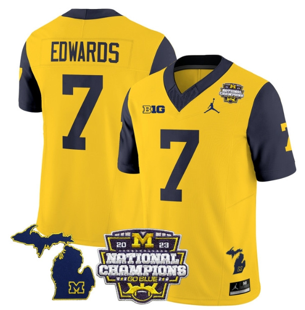 Men's Michigan Wolverines 2023 National Champions Patch Vapor Football Jersey V6 - All Stitched  NAVY SLEEVES #7 DONOVAN EDWARDS