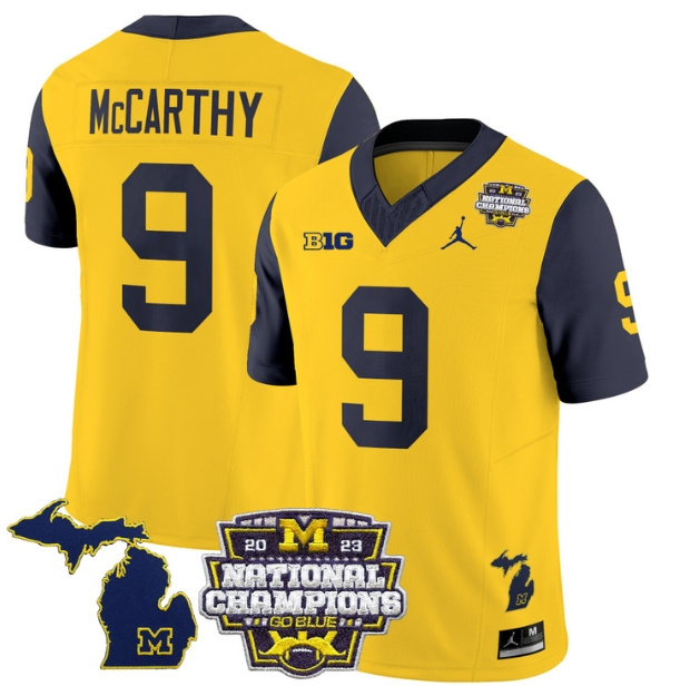 Men's Michigan Wolverines 2023 National Champions Patch Vapor Football Jersey V6 - All Stitched  NAVY SLEEVES #9 J.J.MCCARTHY