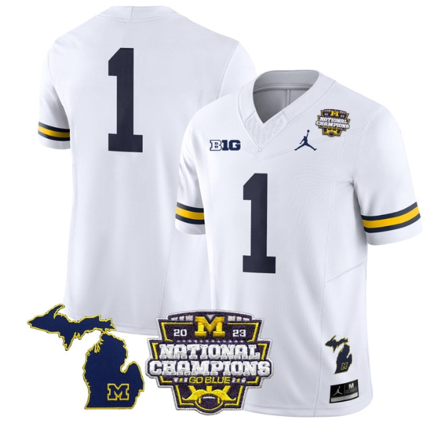Men's Michigan Wolverines 2023 National Champions Patch Vapor Football Jersey V6 - All Stitched  WHITE #1  no name