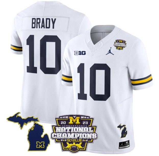 Men's Michigan Wolverines 2023 National Champions Patch Vapor Football Jersey V6 - All Stitched  WHITE #10 TOM BRADY