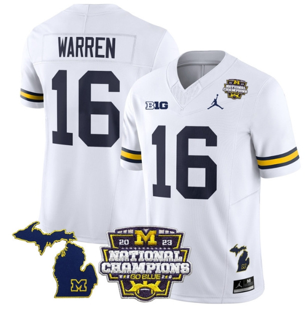 Men's Michigan Wolverines 2023 National Champions Patch Vapor Football Jersey V6 - All Stitched  WHITE #16 DAVIS WARREN