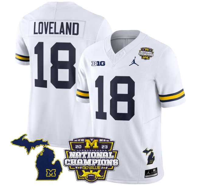 Men's Michigan Wolverines 2023 National Champions Patch Vapor Football Jersey V6 - All Stitched  WHITE #18 COLSTON LOVELAND