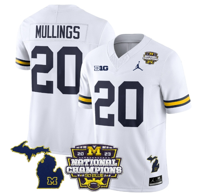 Men's Michigan Wolverines 2023 National Champions Patch Vapor Football Jersey V6 - All Stitched  WHITE #20 KALEL MULLINGS