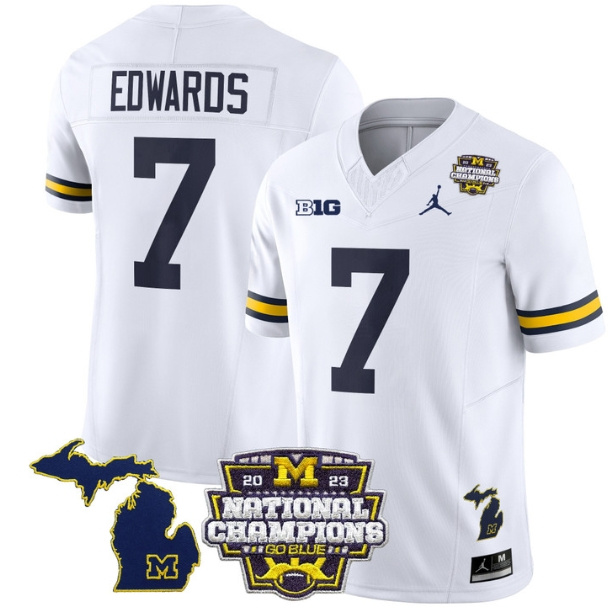 Men's Michigan Wolverines 2023 National Champions Patch Vapor Football Jersey V6 - All Stitched  WHITE #7 DONOVAN EDWARDS