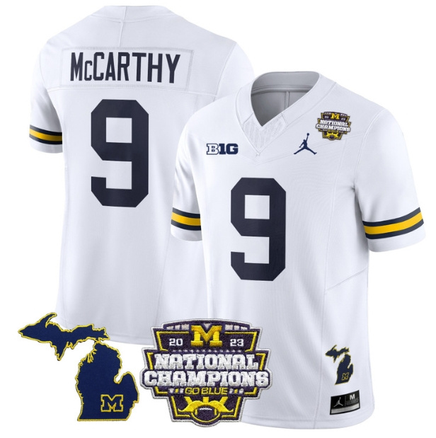 Men's Michigan Wolverines 2023 National Champions Patch Vapor Football Jersey V6 - All Stitched  WHITE #9 J.J.MCCARTHY
