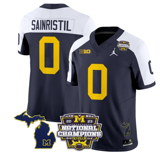 Men's Michigan Wolverines 2023 National Champions Patch Vapor Football Jersey V6 - All Stitched ALTERNATE  #0 MIKE SAINRISTIL