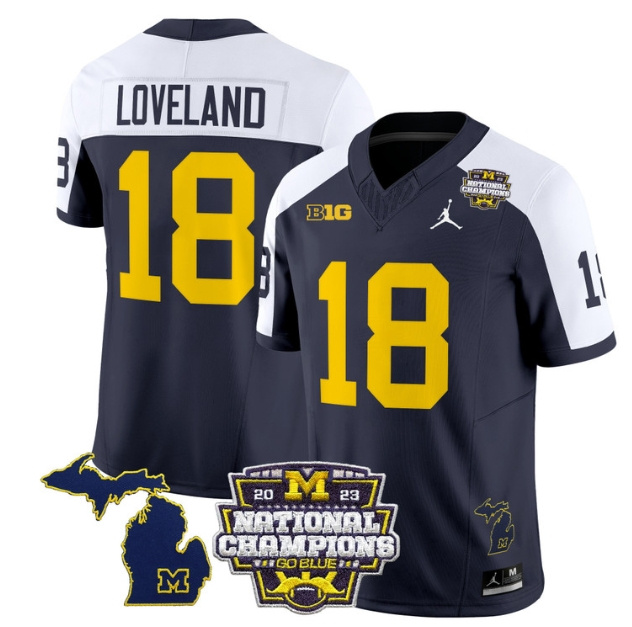 Men's Michigan Wolverines 2023 National Champions Patch Vapor Football Jersey V6 - All Stitched ALTERNATE  #18 COLSTON LOVELAND