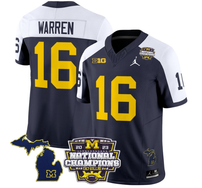 Men's Michigan Wolverines 2023 National Champions Patch Vapor Football Jersey V6 - All Stitched ALTERNATE #16 DAVIS WARREN