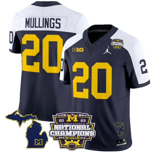 Men's Michigan Wolverines 2023 National Champions Patch Vapor Football Jersey V6 - All Stitched ALTERNATE #20 KALEL MULLINGS