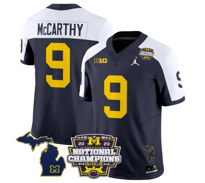 Men's Michigan Wolverines 2023 National Champions Patch Vapor Football Jersey V6 - All Stitched ALTERNATE #9 J.J.MCCARTHY