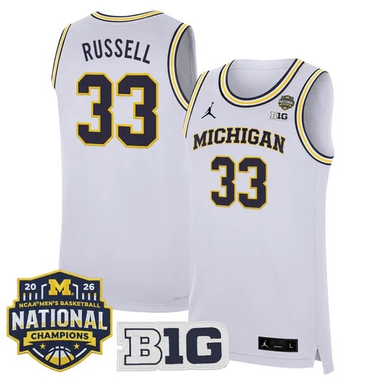 Men's Michigan Wolverines 2026 National Champions Patch Basketball Jersey - All Stitched Cazzie Russell     33