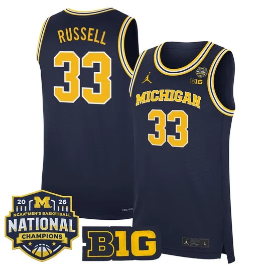 Men's Michigan Wolverines 2026 National Champions Patch Basketball Jersey - All Stitched Cazzie Russell   33