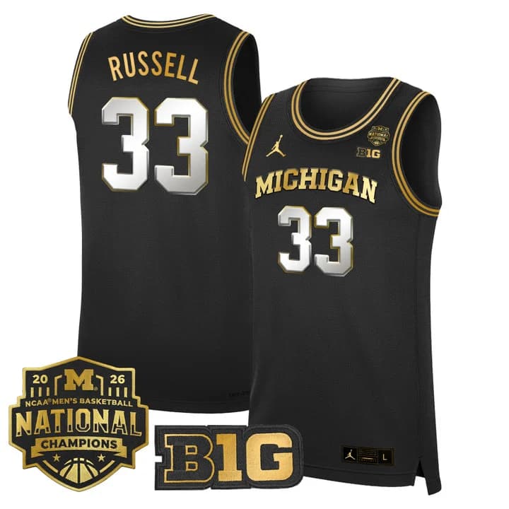 Men's Michigan Wolverines 2026 National Champions Patch Basketball Jersey - All Stitched Cazzie Russell #   33