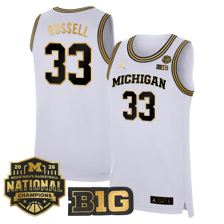 Men's Michigan Wolverines 2026 National Champions Patch Basketball Jersey - All Stitched Cazzie Russell # 33