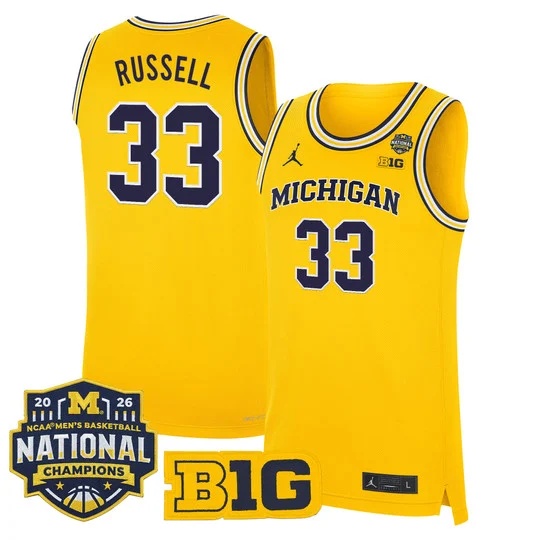 Men's Michigan Wolverines 2026 National Champions Patch Basketball Jersey - All Stitched Cazzie Russell 33