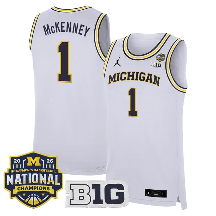 Men's Michigan Wolverines 2026 National Champions Patch Basketball Jersey - All Stitched Trey McKenney #1