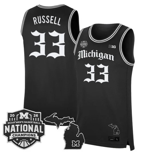 Men's Michigan Wolverines 2026 National Champions Patch Basketball Jersey - Gothic Edition - All Stitched Cazzie  Russell
