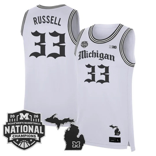 Men's Michigan Wolverines 2026 National Champions Patch Basketball Jersey - Gothic Edition - All Stitched Cazzie Russell