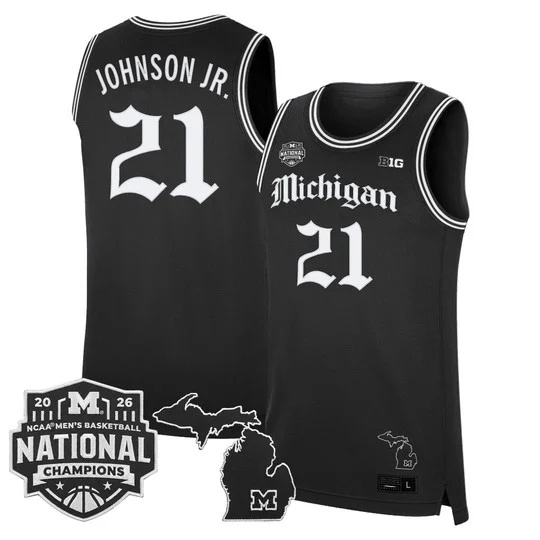 Men's Michigan Wolverines 2026 National Champions Patch Basketball Jersey - Gothic Edition - All Stitched Morez Johnson Jr.21