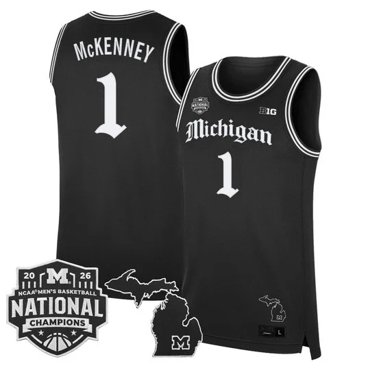 Men's Michigan Wolverines 2026 National Champions Patch Basketball Jersey - Gothic Edition - All Stitched Trey McKenney 1