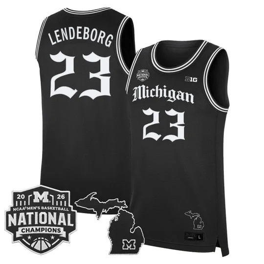 Men's Michigan Wolverines 2026 National Champions Patch Basketball Jersey - Gothic Edition - All Stitched Yaxel Lendeborg  23